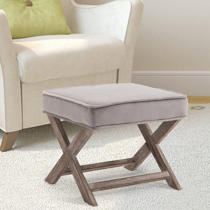 HOMCOM Vintage Footstool Padded Seat X Leg Chair Velvet Cover Shabby Chic Footrest Solid Rubber Wood 49.5 x 45 x 41 cm Grey