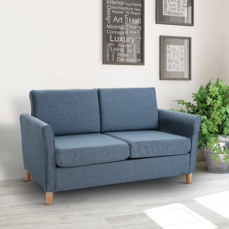 Linen Upholstery 2-Seater Sofa with Wooden Legs - Blue