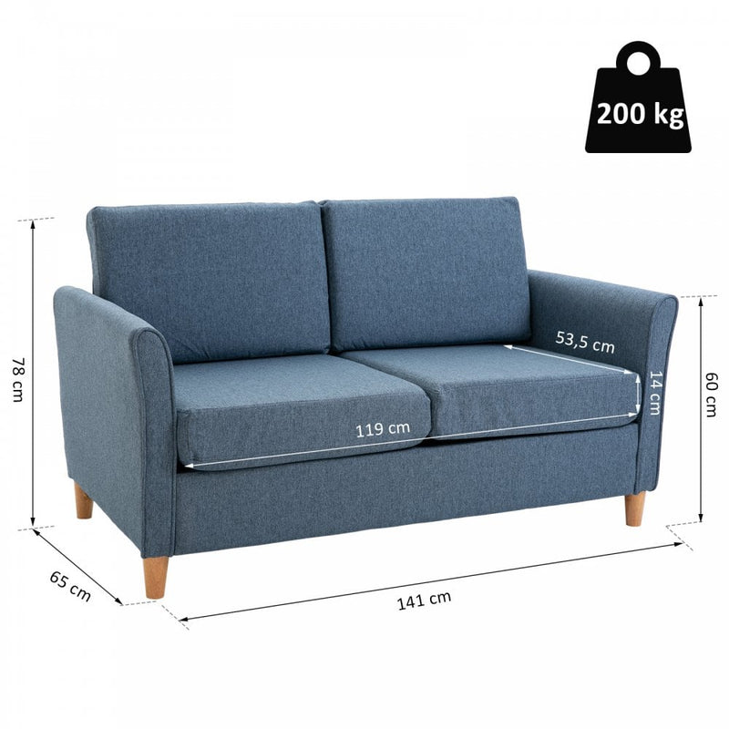 Linen Upholstery 2-Seater Sofa with Wooden Legs - Blue