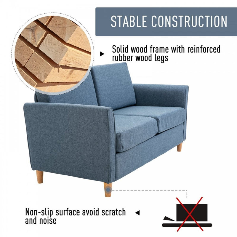Linen Upholstery 2-Seater Sofa with Wooden Legs - Blue