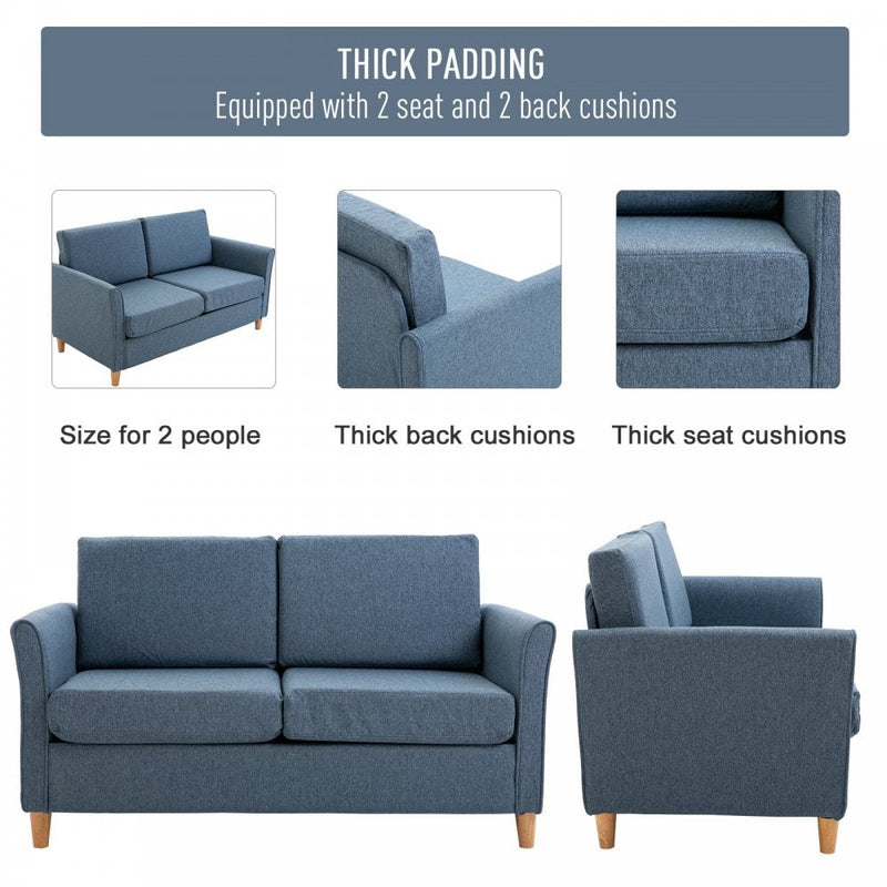 Linen Upholstery 2-Seater Sofa with Wooden Legs - Blue