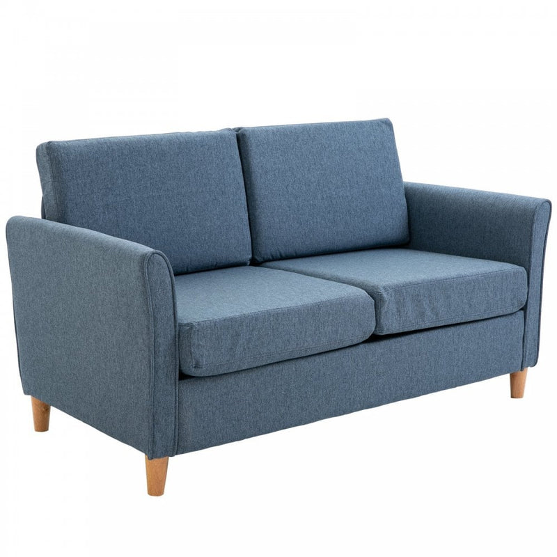 Linen Upholstery 2-Seater Sofa with Wooden Legs - Blue