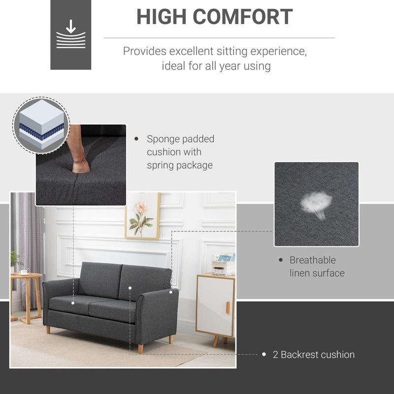 Linen Upholstery 2-Seater Sofa Floor Sofa Living Room Furniture w/Armrest Wooden Legs Dark Grey