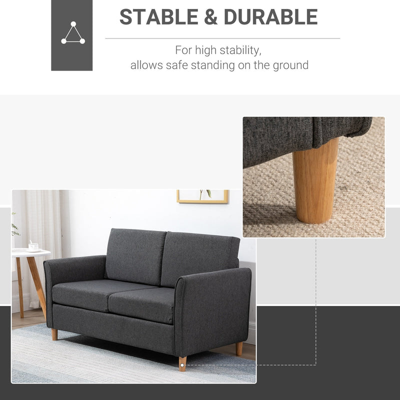 Linen Upholstery 2-Seater Sofa Floor Sofa Living Room Furniture w/Armrest Wooden Legs Dark Grey