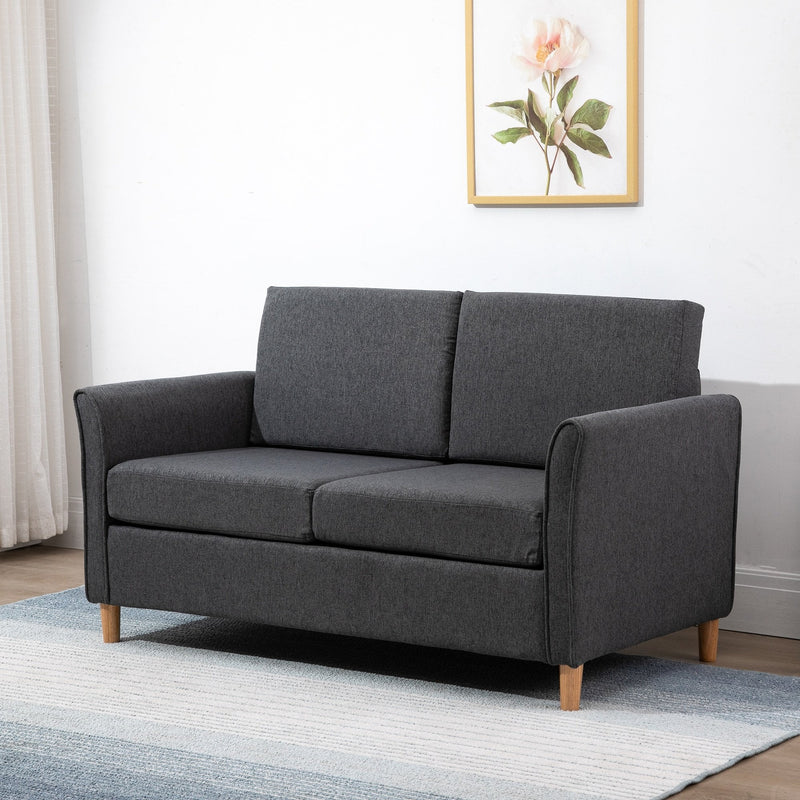 Linen Upholstery 2-Seater Sofa Floor Sofa Living Room Furniture w/Armrest Wooden Legs Dark Grey