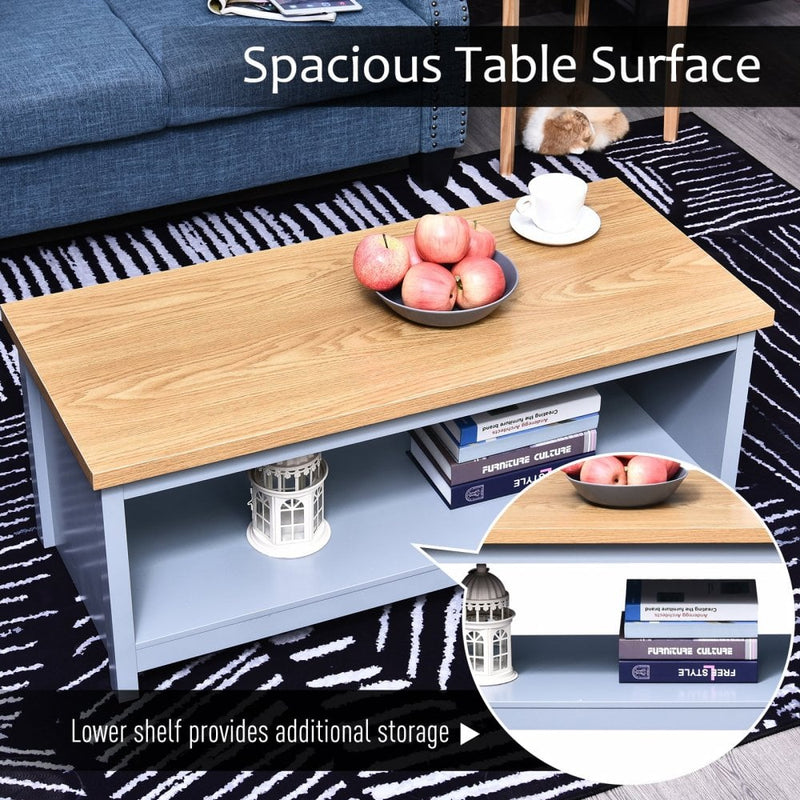 Coffee Table w/Open Display Wood Effect Tabletop Retro Rustic Style Chic Living Room Storage Grey