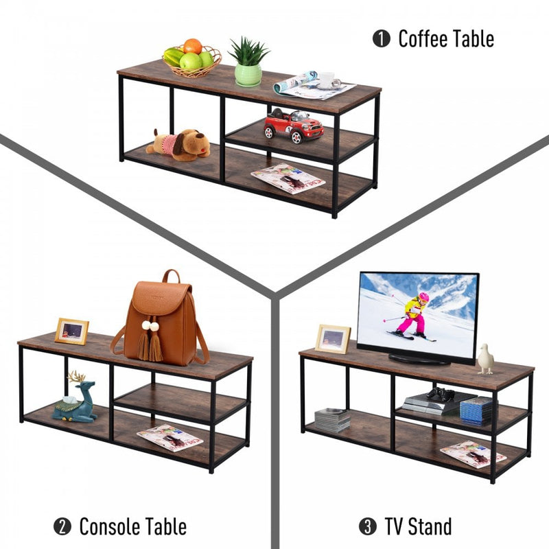 Steel Frame Industrial Style TV Stand w Shelf Black Brown