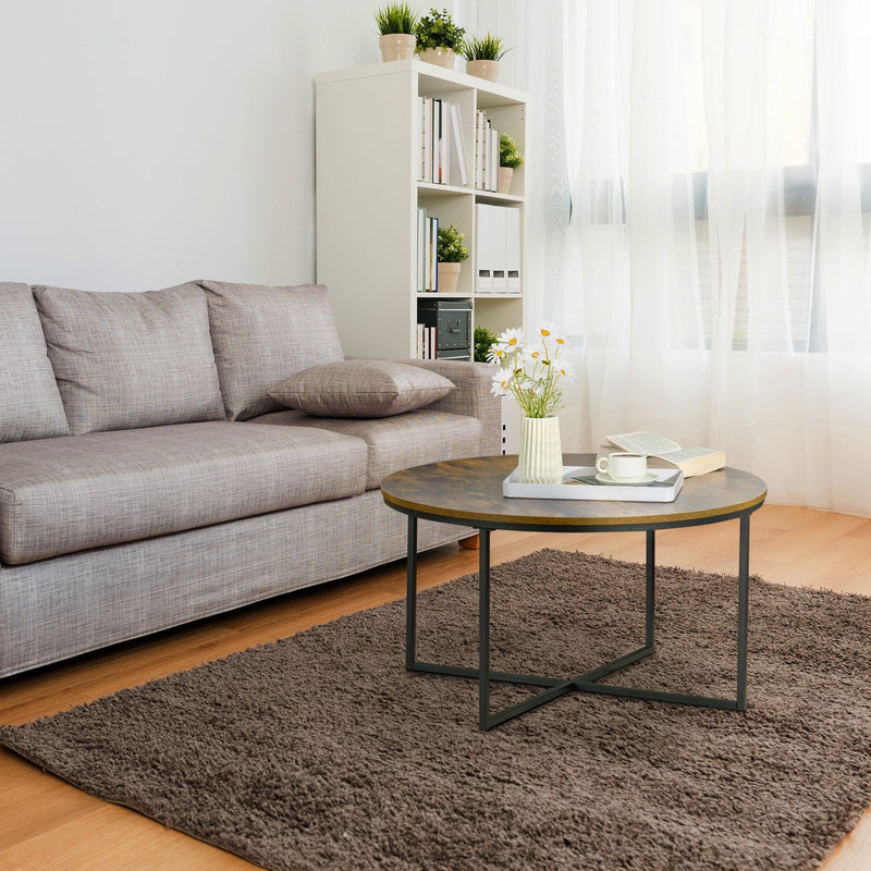 Coffee Table, Industrial Round Side Table with Metal Frame, Large Tabletop for Living Room, Bedroom, Rustic Brown w/ Frame Room