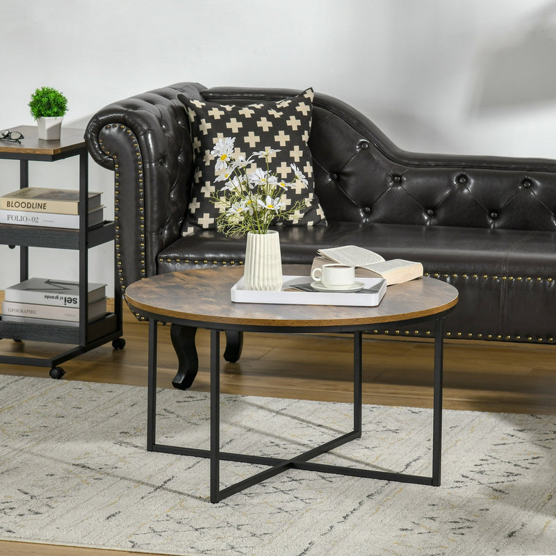 Coffee Table, Industrial Round Side Table with Metal Frame, Large Tabletop for Living Room, Bedroom, Rustic Brown w/ Frame Room