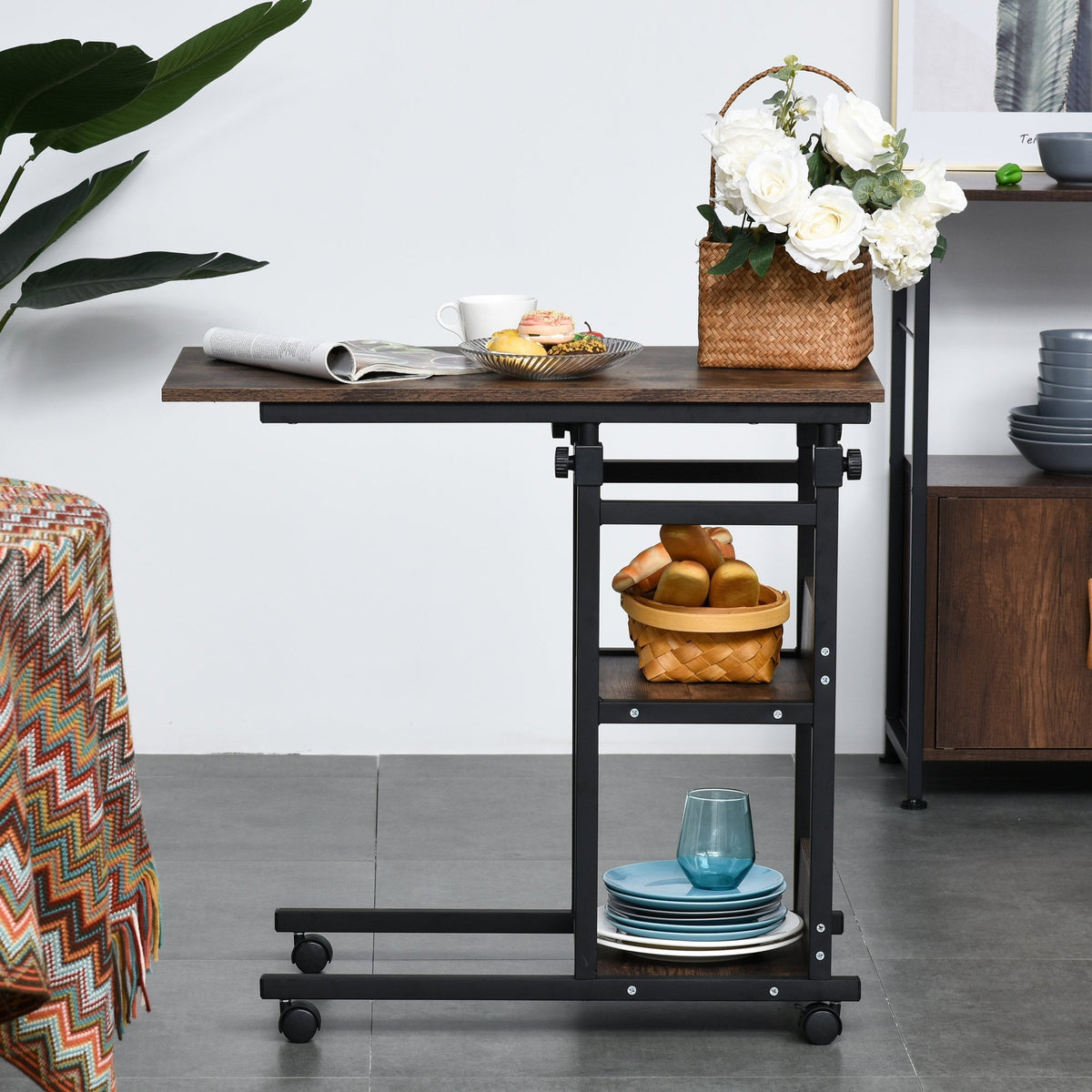 Industrial C Shaped Mobile Rolling Sofa Side Table with 3 Tier Storage