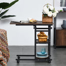 Industrial C-Shaped Mobile Rolling Sofa Side Table with 3-Tier Storage Shelving, Adjustable Height, Wheels Bed Adjust Height Cart w/ Casters, Brake