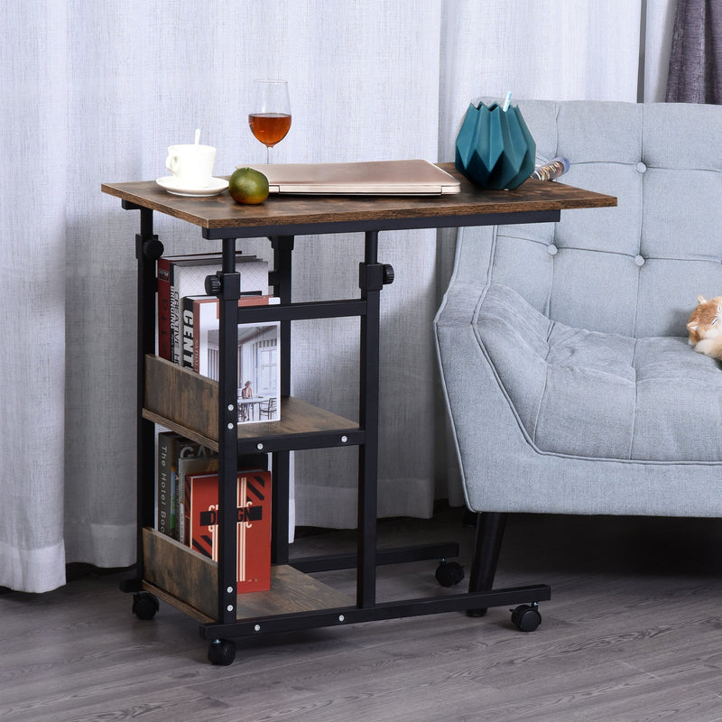 Industrial C-Shaped Mobile Rolling Sofa Side Table with 3-Tier Storage Shelving, Adjustable Height, Wheels Bed Adjust Height Cart w/ Casters, Brake