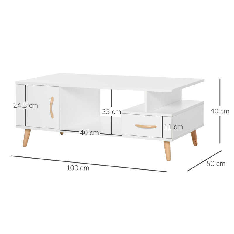 Modern Minimalism Coffee Table with Storage, Sofa Side Table with Shelf & Drawer for Living Room Reception Room, White Storage Wooden w/