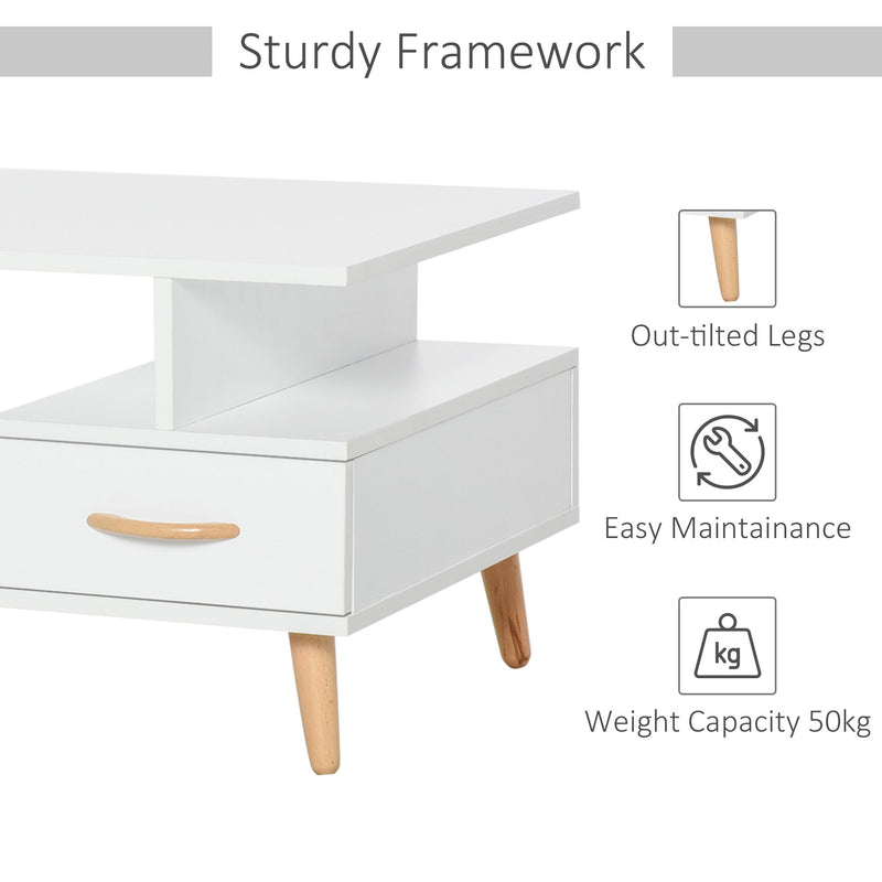 Modern Minimalism Coffee Table with Storage, Sofa Side Table with Shelf & Drawer for Living Room Reception Room, White Storage Wooden w/