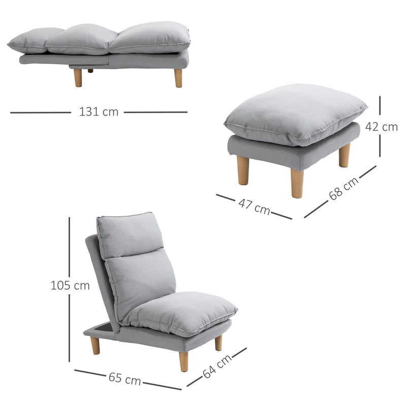 Adjustable Lazy Sofa Set Reclining Lounge Chair with Footstool - Grey