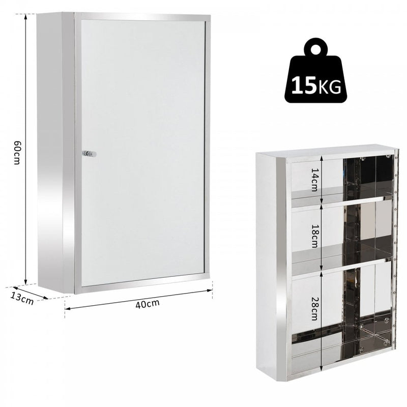 HOMCOM Stainless Steel Wall Cabinet Mirror Shelves Bathroom Furniture Storage|