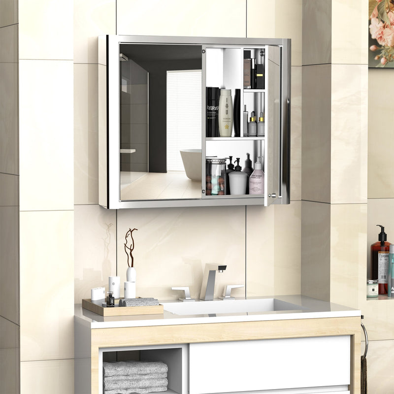 kleankin Bathroom Mirror Cabinet Wall Mounted Storage Cupboard with Double Door and Shelf, Stainless Steel, Silver Shelves