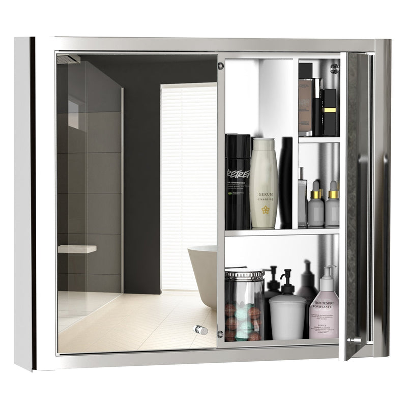 kleankin Bathroom Mirror Cabinet Wall Mounted Storage Cupboard with Double Door and Shelf, Stainless Steel, Silver Shelves