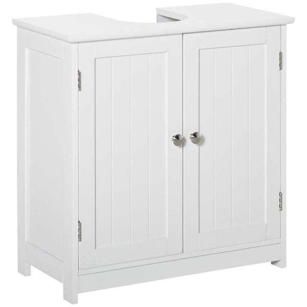 Kleankin 60x60cm Under-Sink Storage Cabinet W/ Adjustable Shelf Handles Drain Hole Bathroom Cabinet Space Saver Organizer White Handle