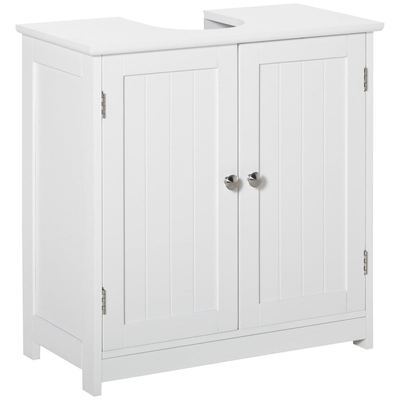 kleankin 60x60cm Under-Sink Storage Cabinet w/ Adjustable Shelf Handles Drain Hole Bathroom Cabinet Space Saver Organizer White Handle