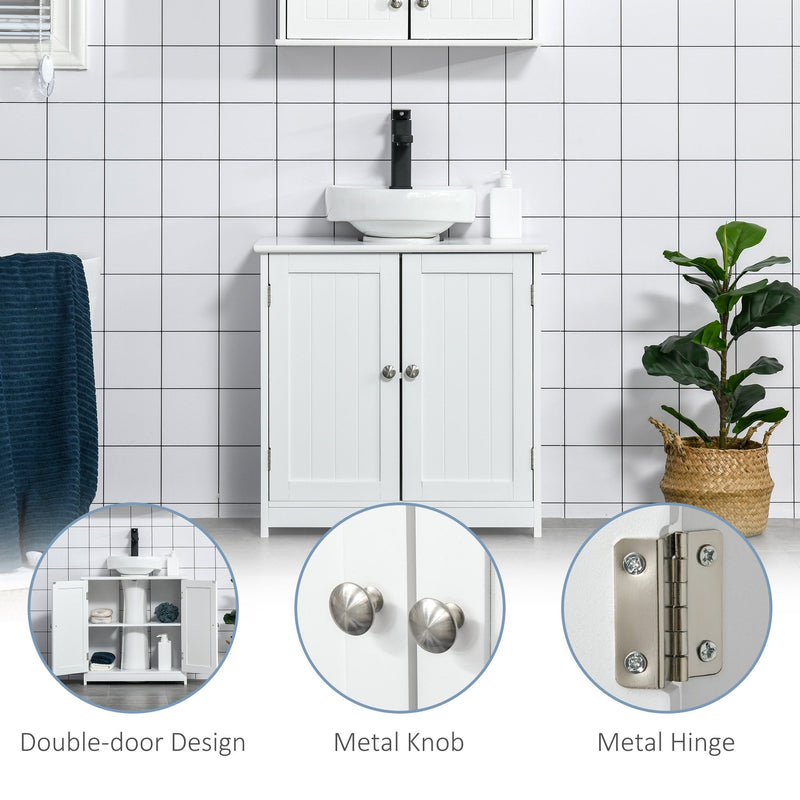 kleankin 60x60cm Under-Sink Storage Cabinet w/ Adjustable Shelf Handles Drain Hole Bathroom Cabinet Space Saver Organizer White Handle
