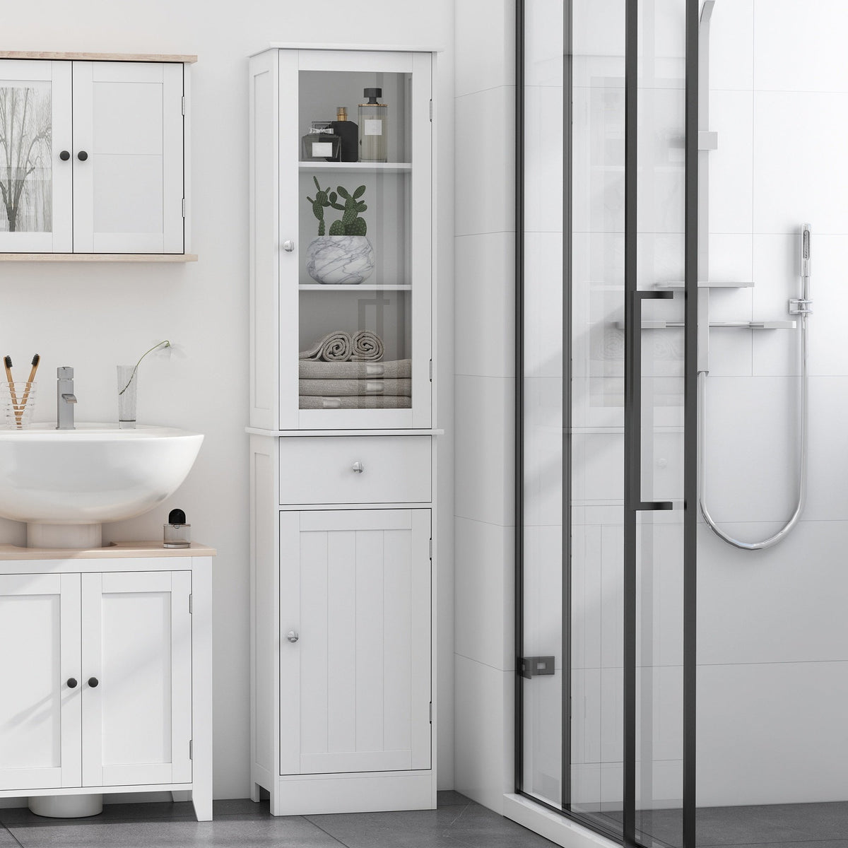 kleankin Bathroom Storage Cabinet with 3 tier Shelf Drawer Glass Door