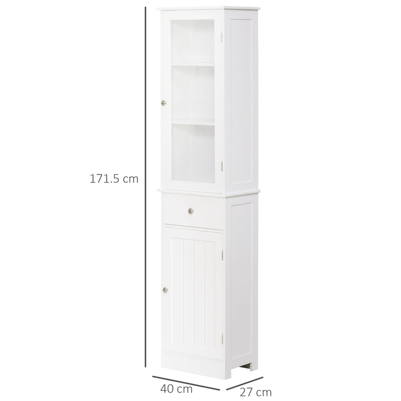 kleankin Bathroom Storage Cabinet with 3-tier Shelf Drawer Glass Door, Floor Cabinet Free Standing Tall Slim Side Organizer Shelves, White Multiple Shelves & Drawer