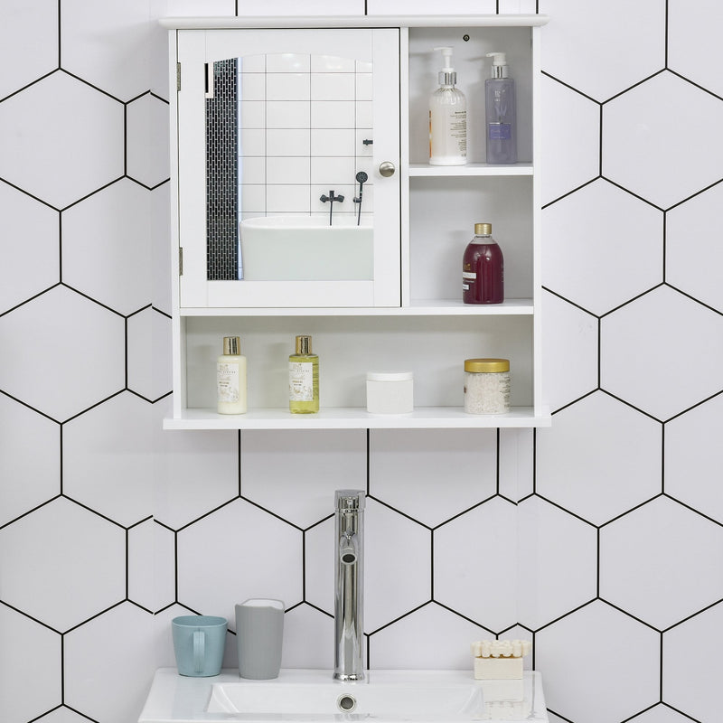 kleankin Wall Mount Mirror Cabinet Bathroom Storage with Open Shelves Adjustable Shelf Single Door Mounted Glass Cupboard