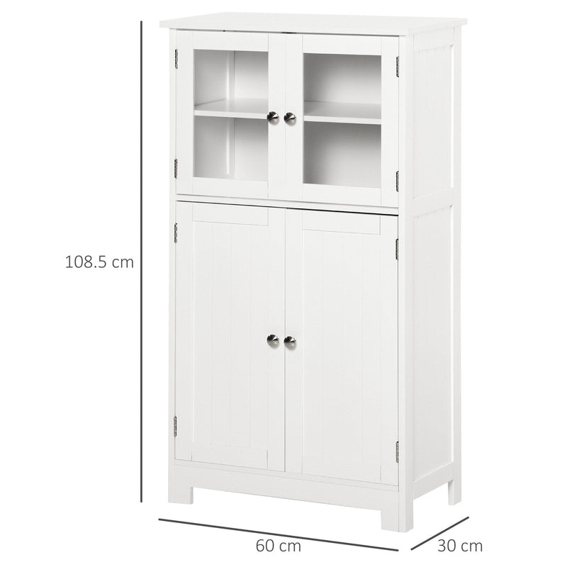 kleankin Bathroom Floor Storage Cabinet with Tempered Glass Doors and Adjustable Shelf, Kitchen Cupboard, Free Standing Organizer for Living Room Entryway, White Unit Cupboard W/ & Shelf