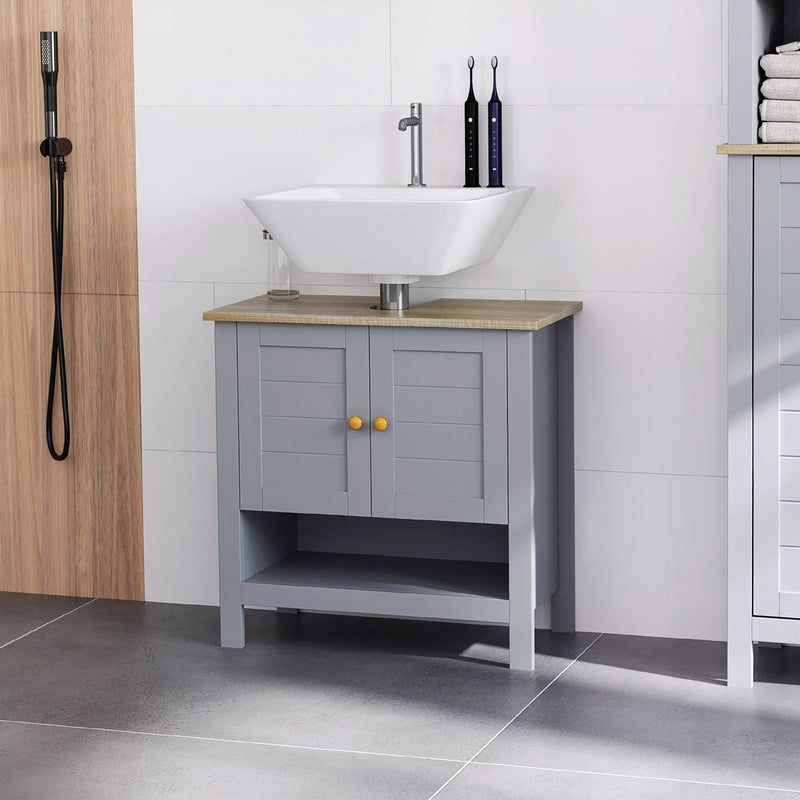 Kleankin Bathroom Under Sink Cabinet, Bathroom Vanity Unit, Pedestal Under Sink Design, Storage Cupboard With Adjustable Shelf, Grey Double Door