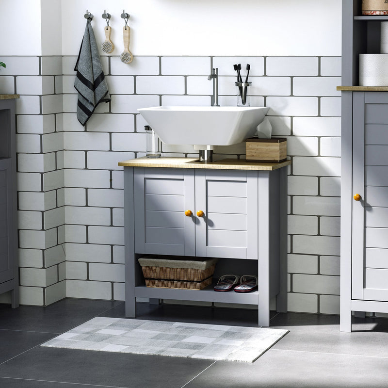 Kleankin Bathroom Under Sink Cabinet, Bathroom Vanity Unit, Pedestal Under Sink Design, Storage Cupboard With Adjustable Shelf, Grey Double Door