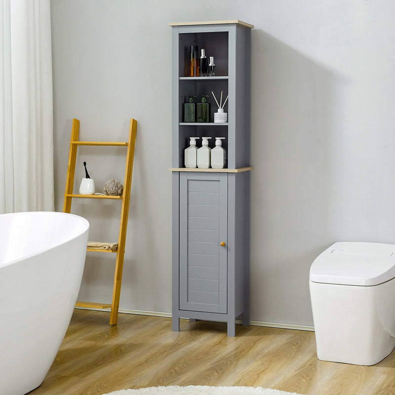 kleankin Bathroom Floor Storage Cabinet with 3 Tier Shelf and Cupboard with Door, Free Standing Linen Tower, Tall Slim Side Organizer Shelves, Grey TallCabinet Unit