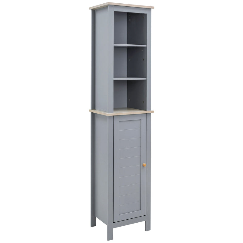 kleankin Bathroom Floor Storage Cabinet with 3 Tier Shelf and Cupboard with Door, Free Standing Linen Tower, Tall Slim Side Organizer Shelves, Grey TallCabinet Unit