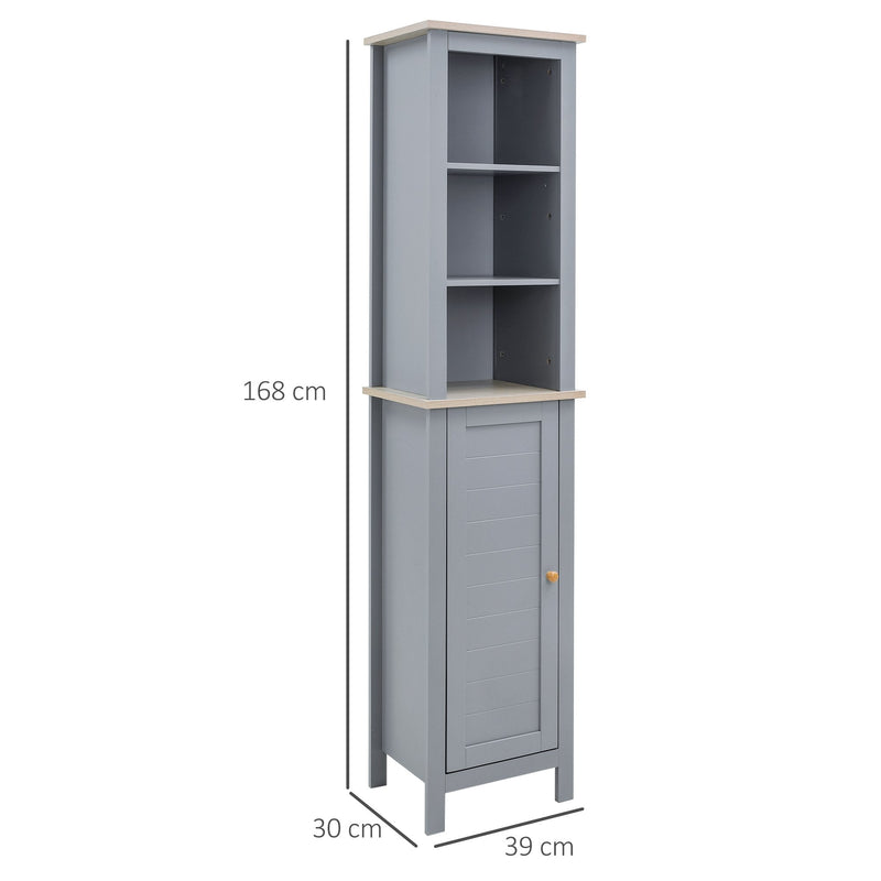 kleankin Bathroom Floor Storage Cabinet with 3 Tier Shelf and Cupboard with Door, Free Standing Linen Tower, Tall Slim Side Organizer Shelves, Grey TallCabinet Unit