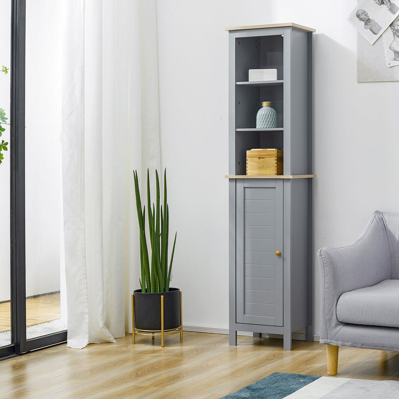 kleankin Bathroom Floor Storage Cabinet with 3 Tier Shelf and Cupboard with Door, Free Standing Linen Tower, Tall Slim Side Organizer Shelves, Grey TallCabinet Unit