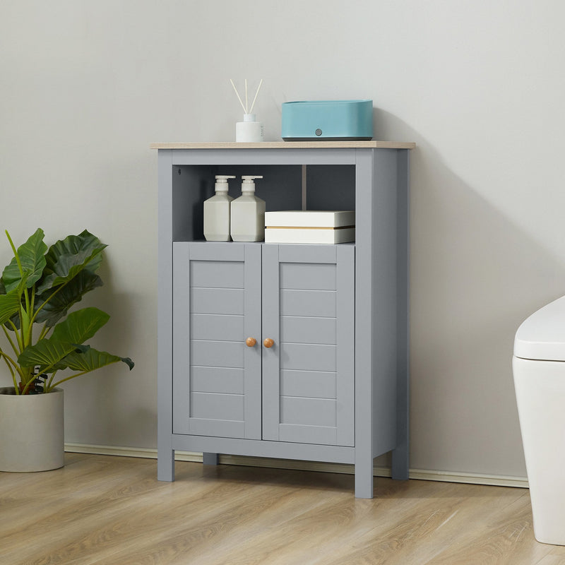 kleankin Bathroom Floor Storage Cabinet Free Standing Unit with Compartment Adjustable Shelf Double-door Design, Free Standing Organizer, Grey W/