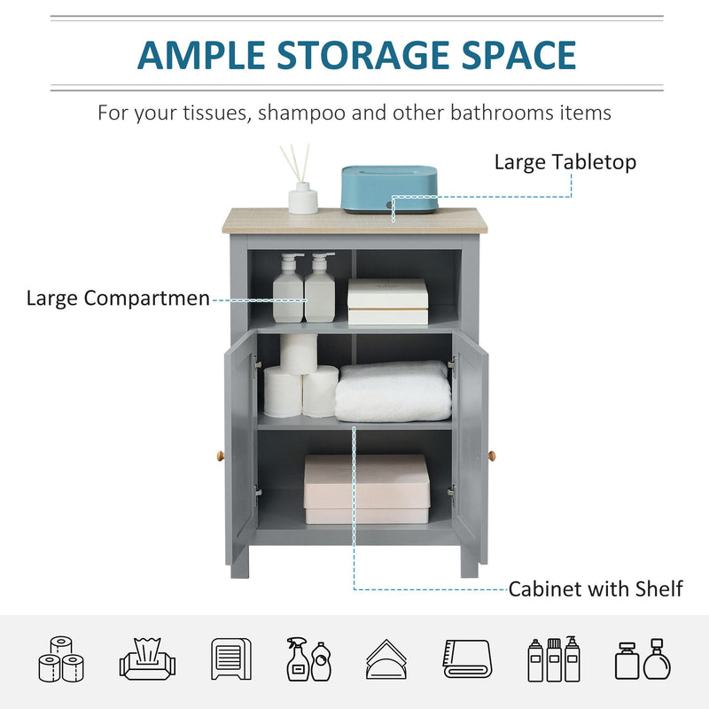 kleankin Bathroom Floor Storage Cabinet Free Standing Unit with Compartment Adjustable Shelf Double-door Design, Free Standing Organizer, Grey W/