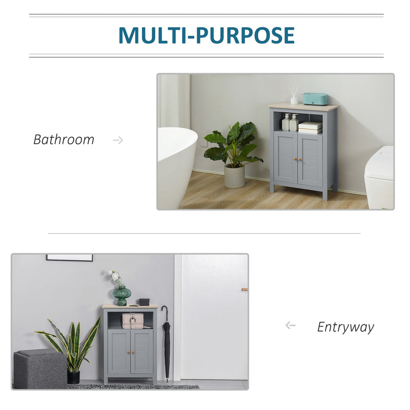 kleankin Bathroom Floor Storage Cabinet Free Standing Unit with Compartment Adjustable Shelf Double-door Design, Free Standing Organizer, Grey W/