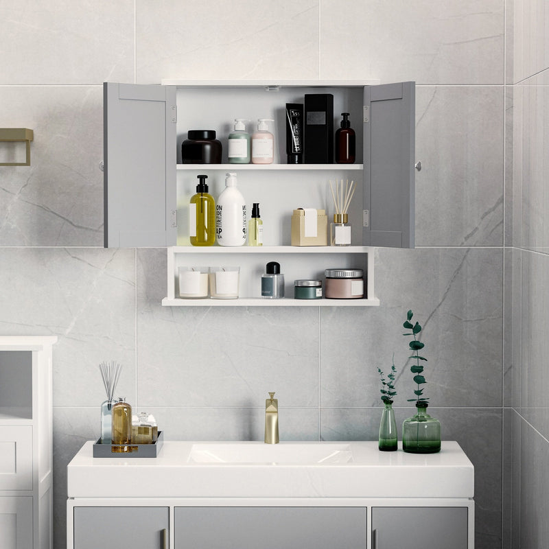 Kleankin Mirror Cabinet Wall Mounted with Double Mirrored Door, Cupboard and Shelf, Bathroom Wall Storage Organizer - Grey