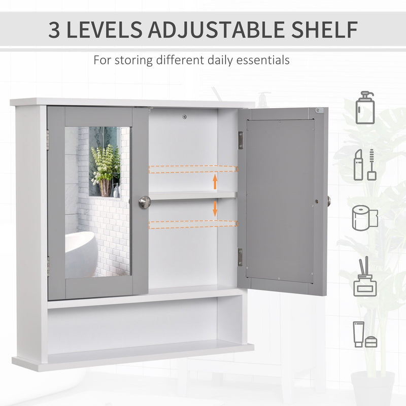 Kleankin Mirror Cabinet Wall Mounted with Double Mirrored Door, Cupboard and Shelf, Bathroom Wall Storage Organizer - Grey