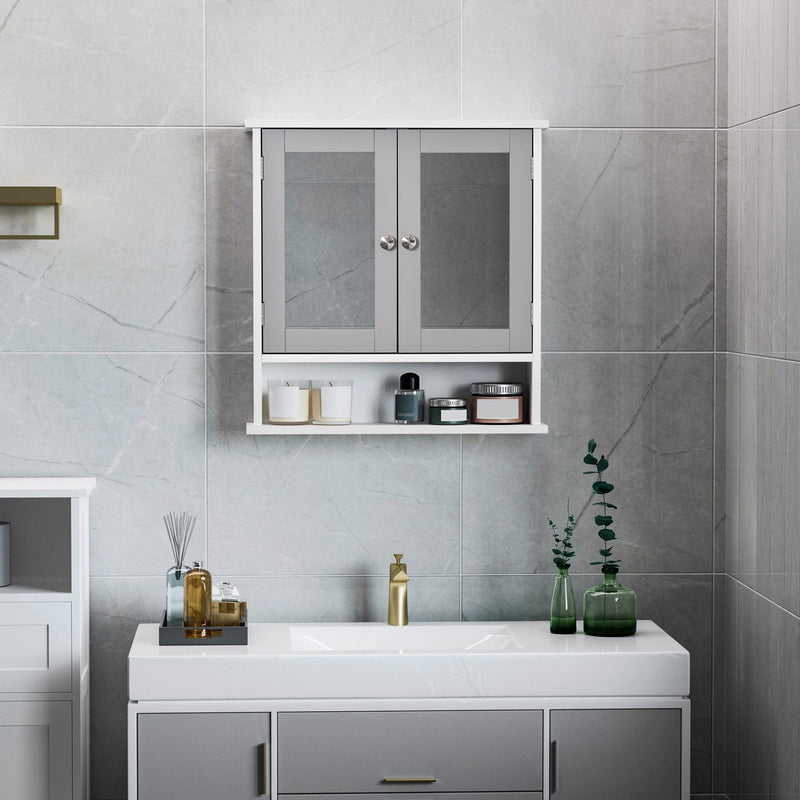Kleankin Mirror Cabinet Wall Mounted with Double Mirrored Door, Cupboard and Shelf, Bathroom Wall Storage Organizer - Grey