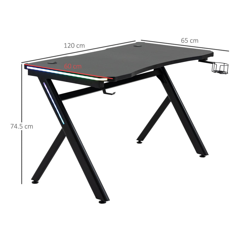 Gaming Desk Computer Table Metal Frame with LED Light Cup Holder Hea