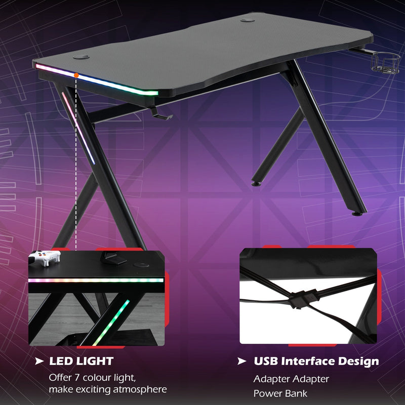 Gaming Desk Computer Table Metal Frame with LED Light, Cup Holder, Headphone Hook, Cable Hole Holder Hook