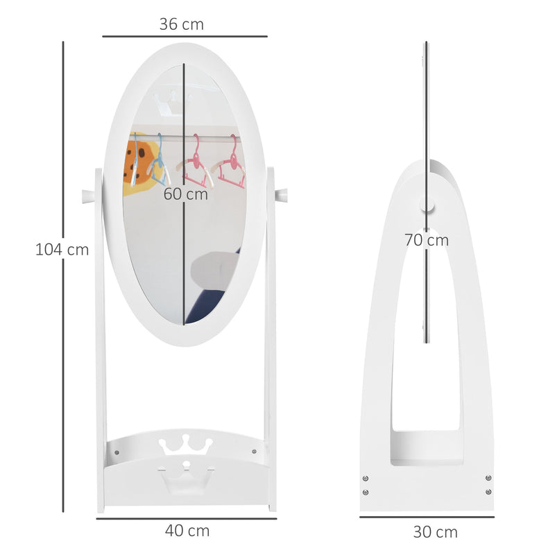 Free Standing Full Length Mirror, Child's Dressing Mirror with storage shelf, Children's White Bedroom Furniture 360-¦ Rotation MDF, For 3- 8 Years Old, 40L x 30W x 104H cm Kids Storage