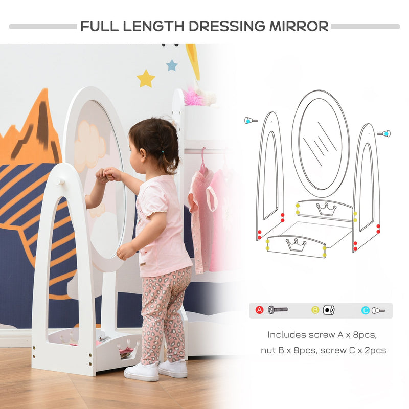 Free Standing Full Length Mirror, Child's Dressing Mirror with storage shelf, Children's White Bedroom Furniture 360-¦ Rotation MDF, For 3- 8 Years Old, 40L x 30W x 104H cm Kids Storage