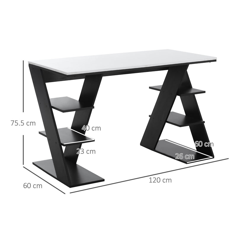 Computer Desk, Home Office Desk, Writing Table, 120x60x75.5cm Laptop Workstation with 6 Open Shelves for Adults and Kids, White and Black Storage