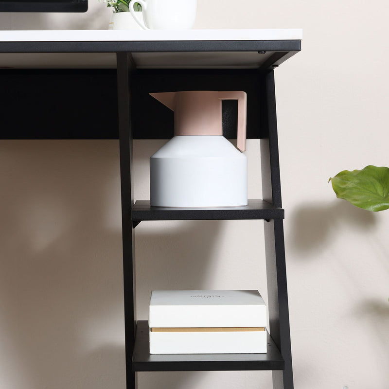 Computer Desk, Home Office Desk, Writing Table, 120x60x75.5cm Laptop Workstation with 6 Open Shelves for Adults and Kids, White and Black Storage