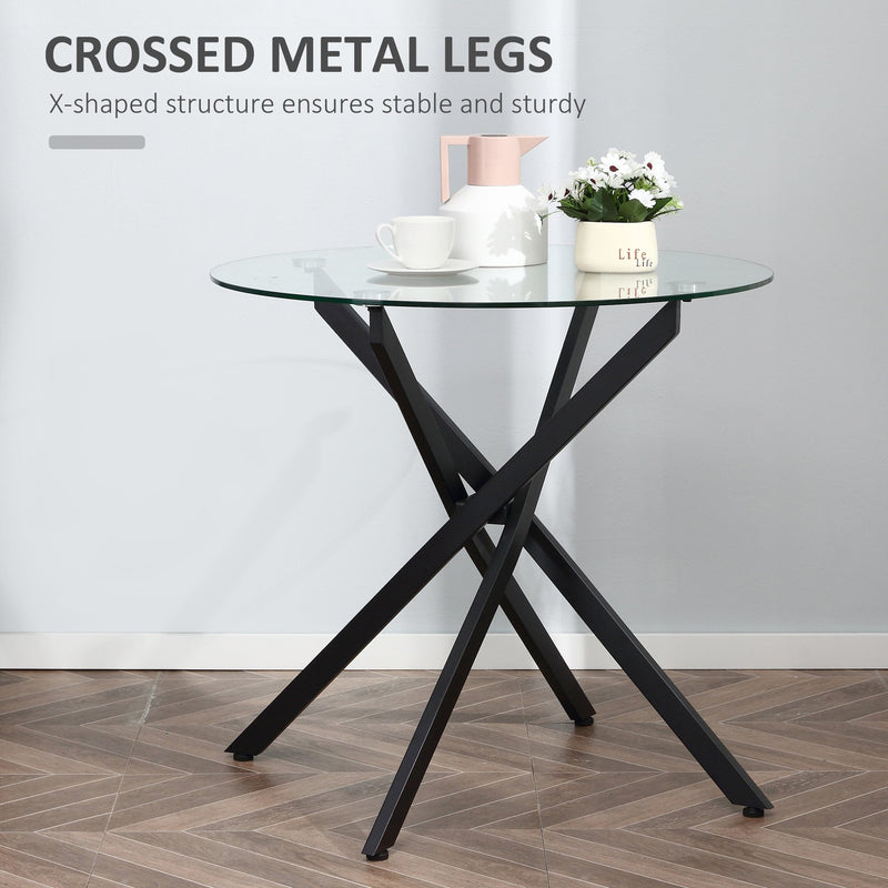 Side Table with Clear Tempered Glass Top, Round Table with Metal Legs, Modern Dining Table Furniture for Dining Room Living Room, Black Top & Legs