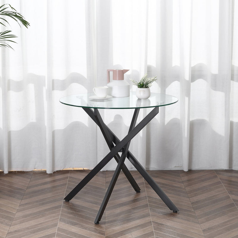 Side Table with Clear Tempered Glass Top, Round Table with Metal Legs, Modern Dining Table Furniture for Dining Room Living Room, Black Top & Legs