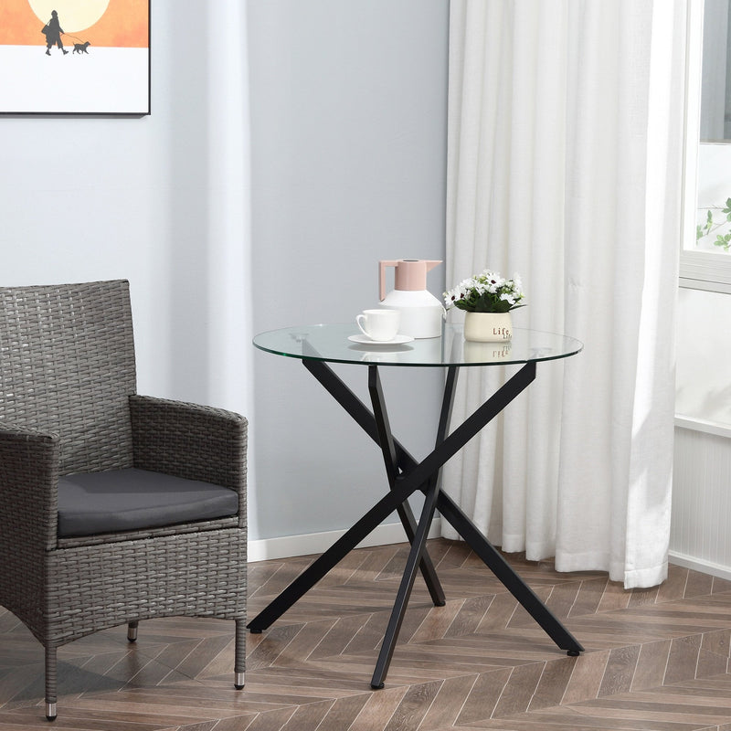 Side Table with Clear Tempered Glass Top, Round Table with Metal Legs, Modern Dining Table Furniture for Dining Room Living Room, Black Top & Legs